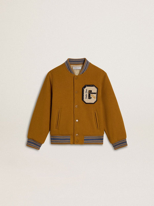 Kids’ wool bomber jacket in ochre yellow with patch - Golden Goose Kids