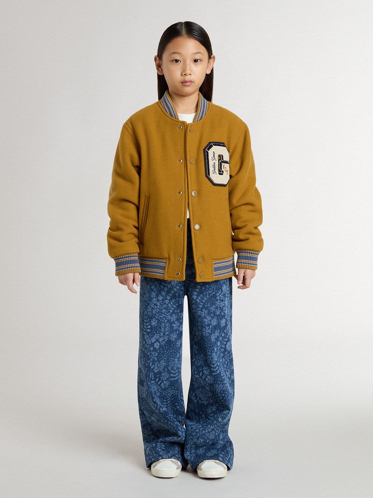 Kids’ wool bomber jacket in ochre yellow with patch - Golden Goose Kids