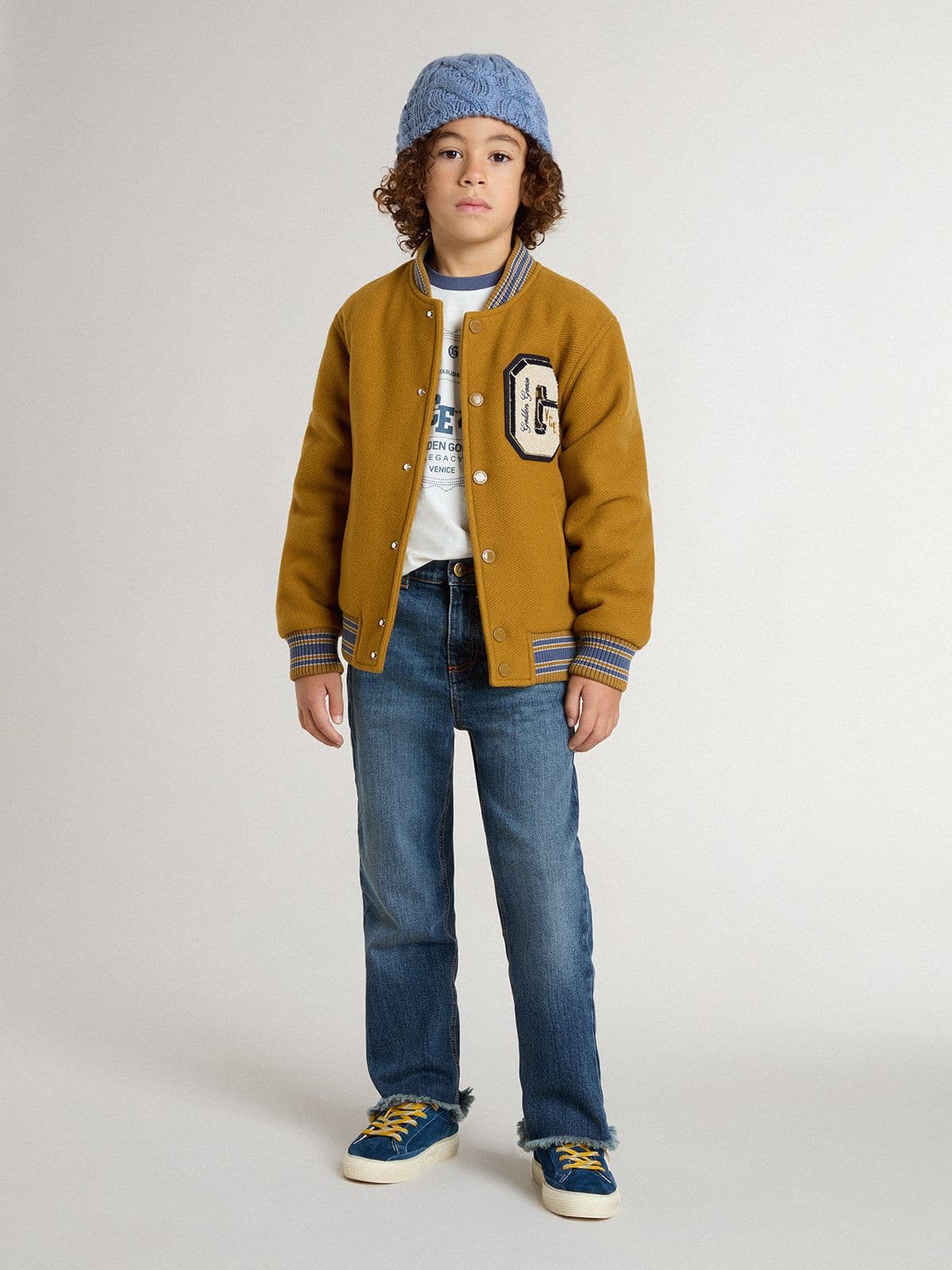 Kids’ wool bomber jacket in ochre yellow with patch - Golden Goose Kids
