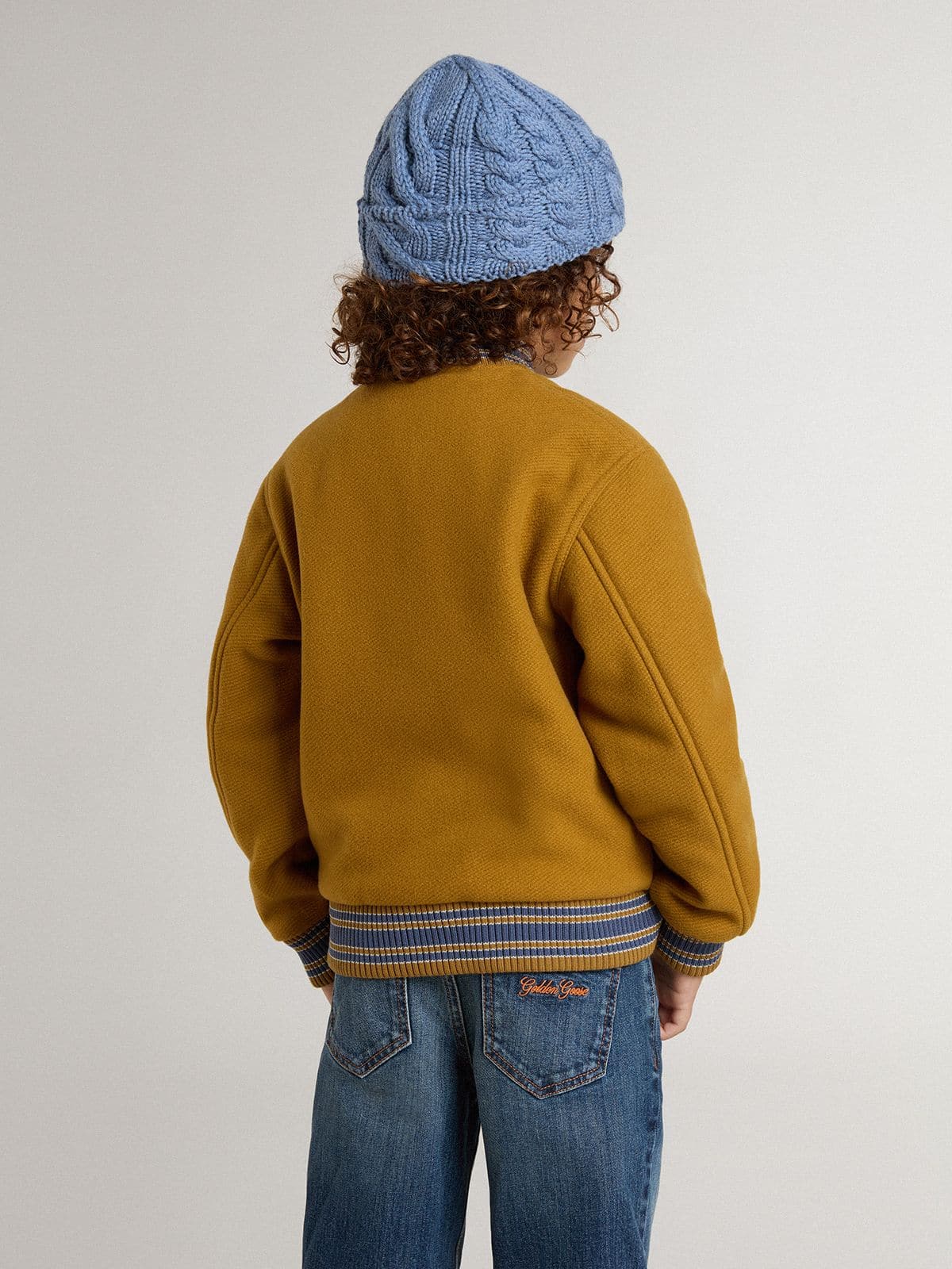 Kids’ wool bomber jacket in ochre yellow with patch - Golden Goose Kids
