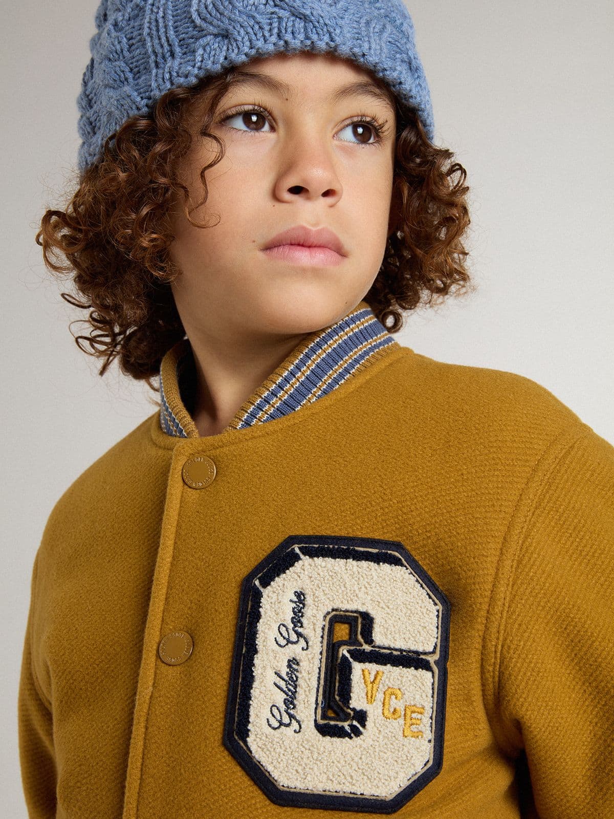 Kids’ wool bomber jacket in ochre yellow with patch - Golden Goose Kids