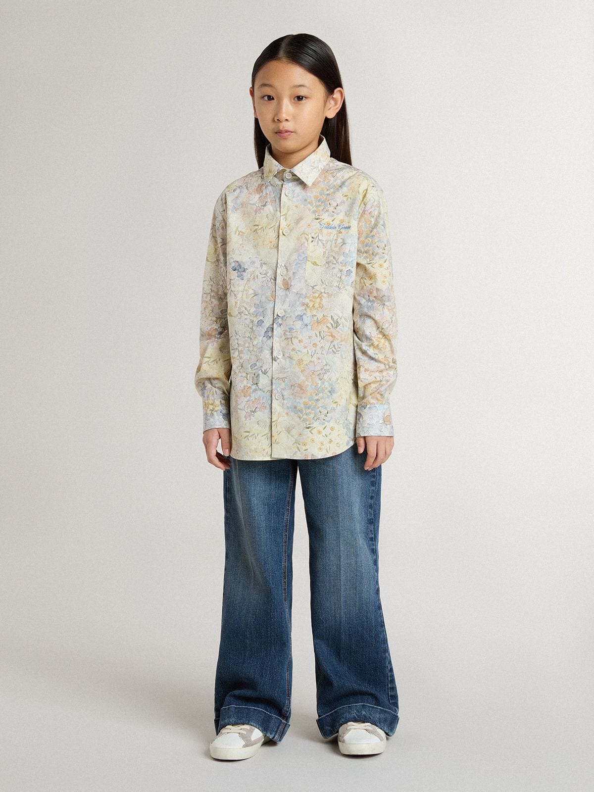 Girls' cotton shirt with multicolor floral print - Golden Goose Kids