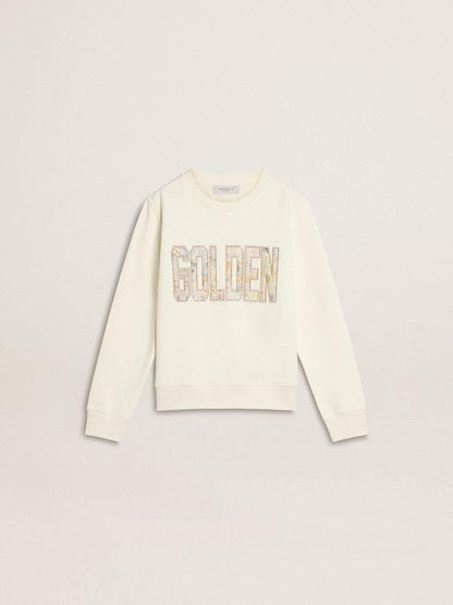Girls' white sweatshirt with multicolor Golden writing on the front - Golden Goose Kids