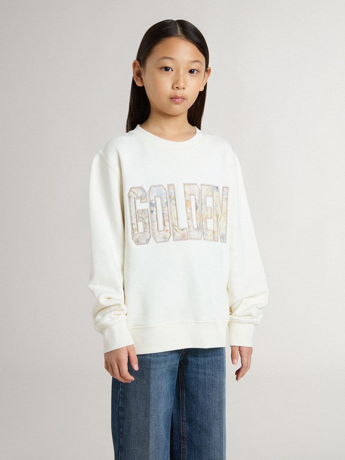Girls' white sweatshirt with multicolor Golden writing on the front - Golden Goose Kids