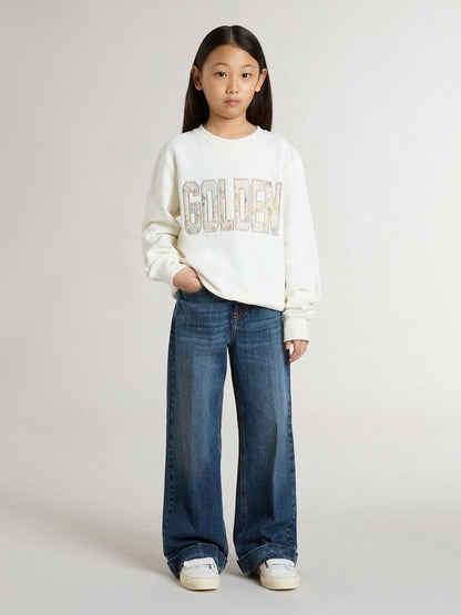 Girls' white sweatshirt with multicolor Golden writing on the front - Golden Goose Kids