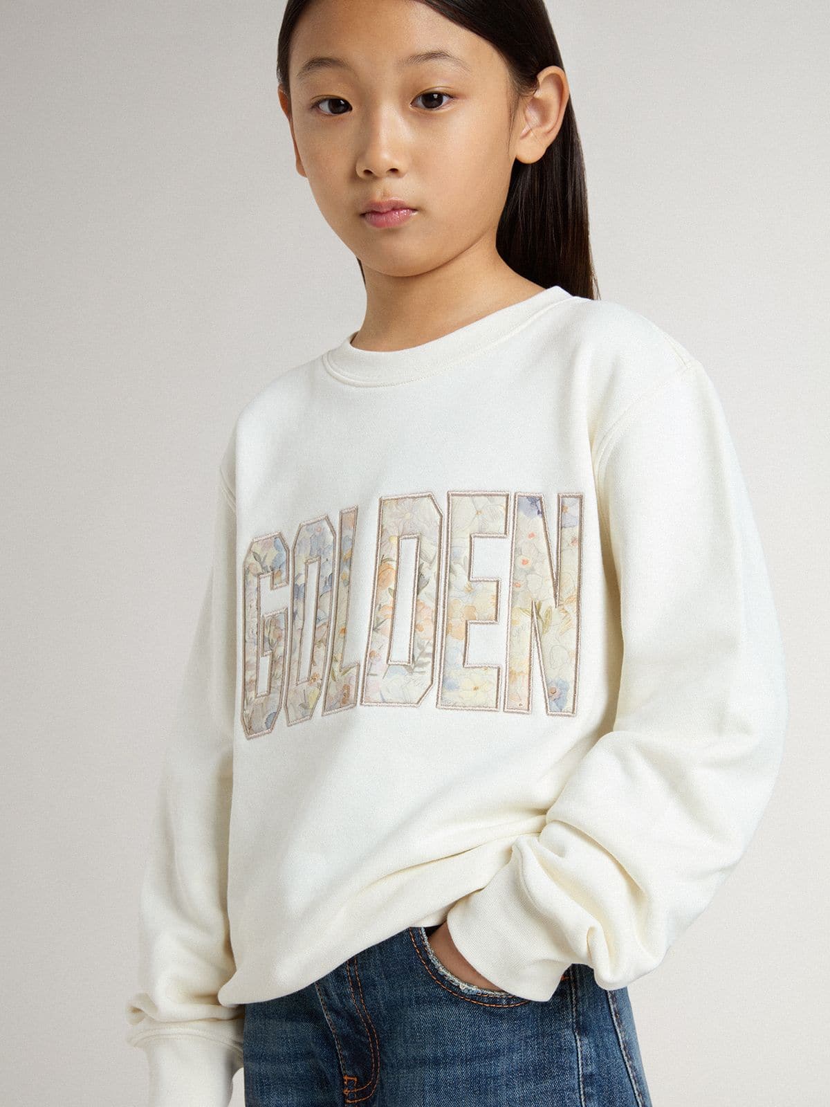Girls' white sweatshirt with multicolor Golden writing on the front - Golden Goose Kids