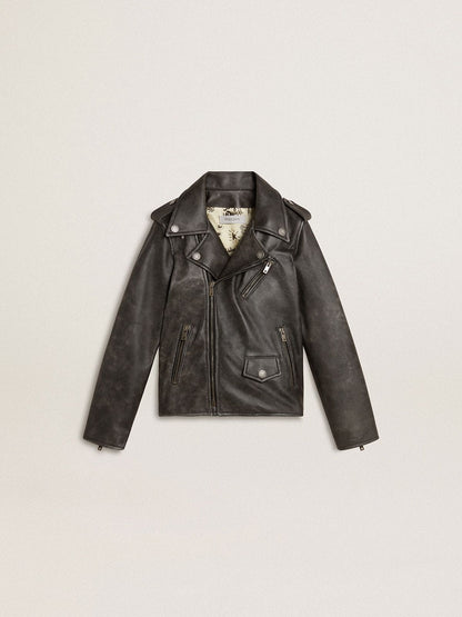 Boys’ biker jacket in distressed leather - Golden Goose Kids