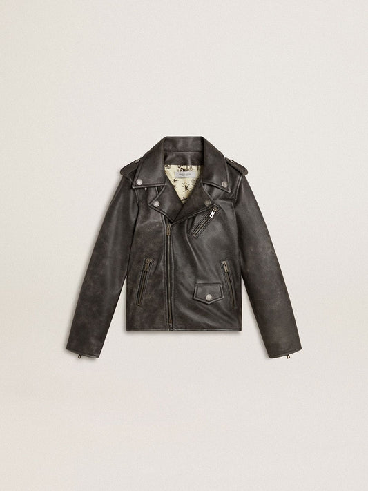 Boys’ biker jacket in distressed leather - Golden Goose Kids
