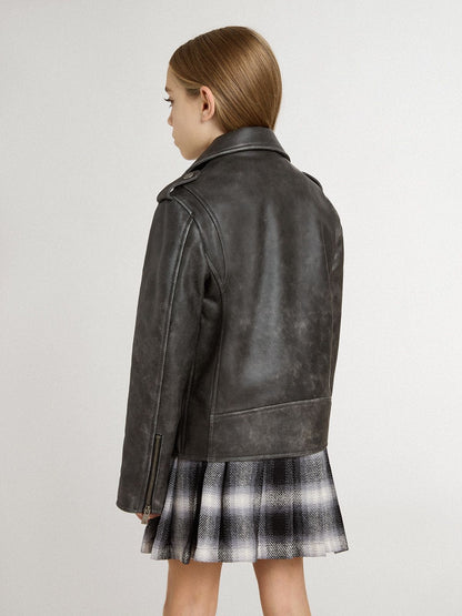 Boys’ biker jacket in distressed leather - Golden Goose Kids