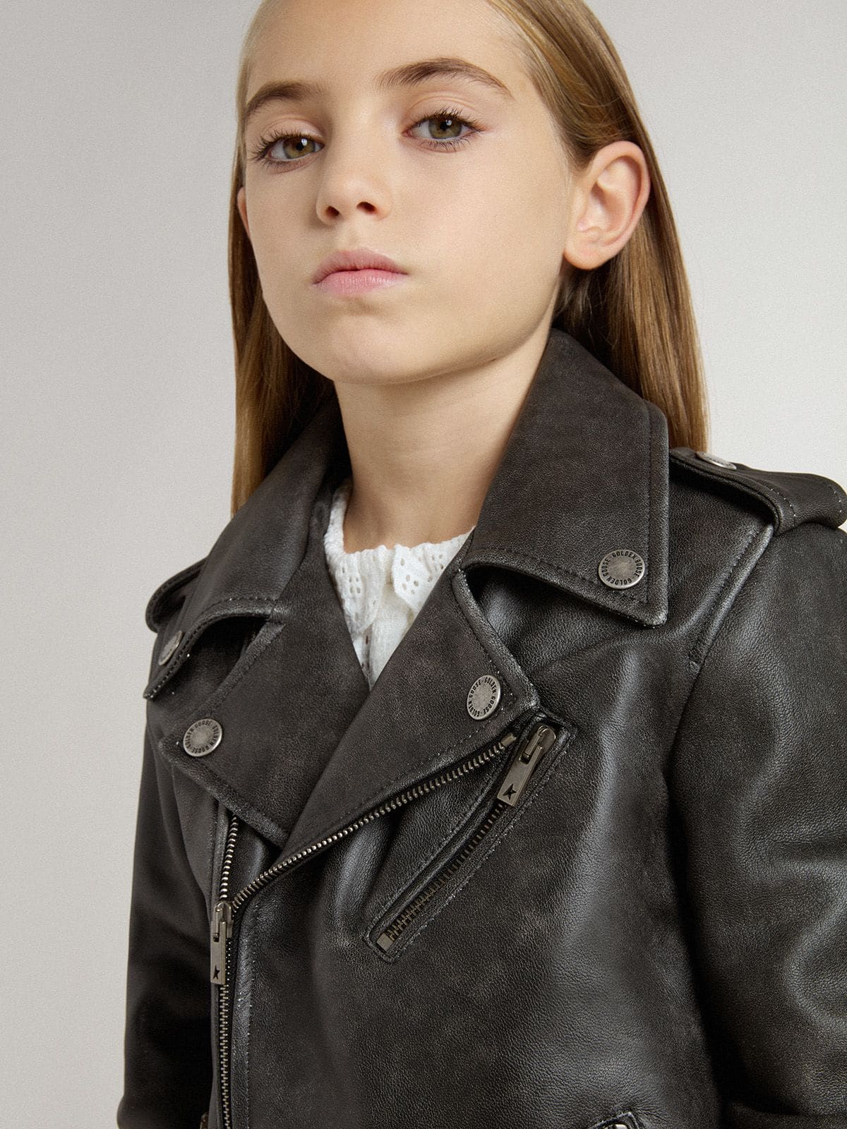 Boys’ biker jacket in distressed leather - Golden Goose Kids