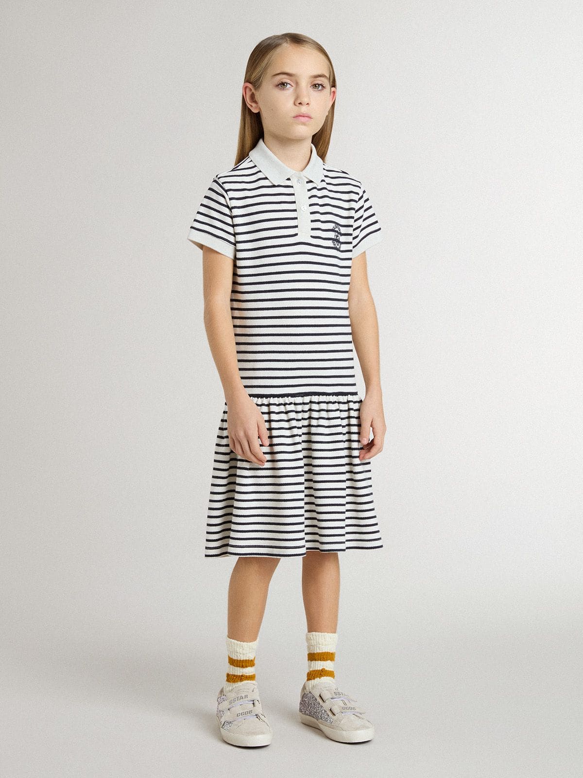 Girls' midi dress in striped cotton blend with embroidery - Golden Goose Kids