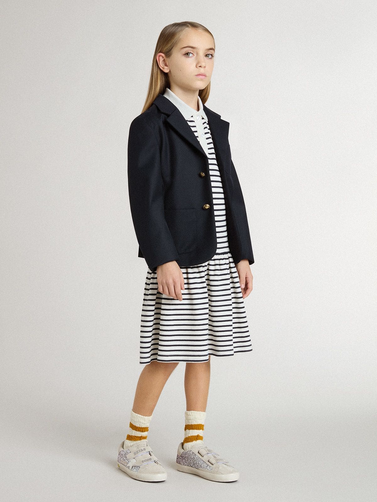 Girls' midi dress in striped cotton blend with embroidery - Golden Goose Kids