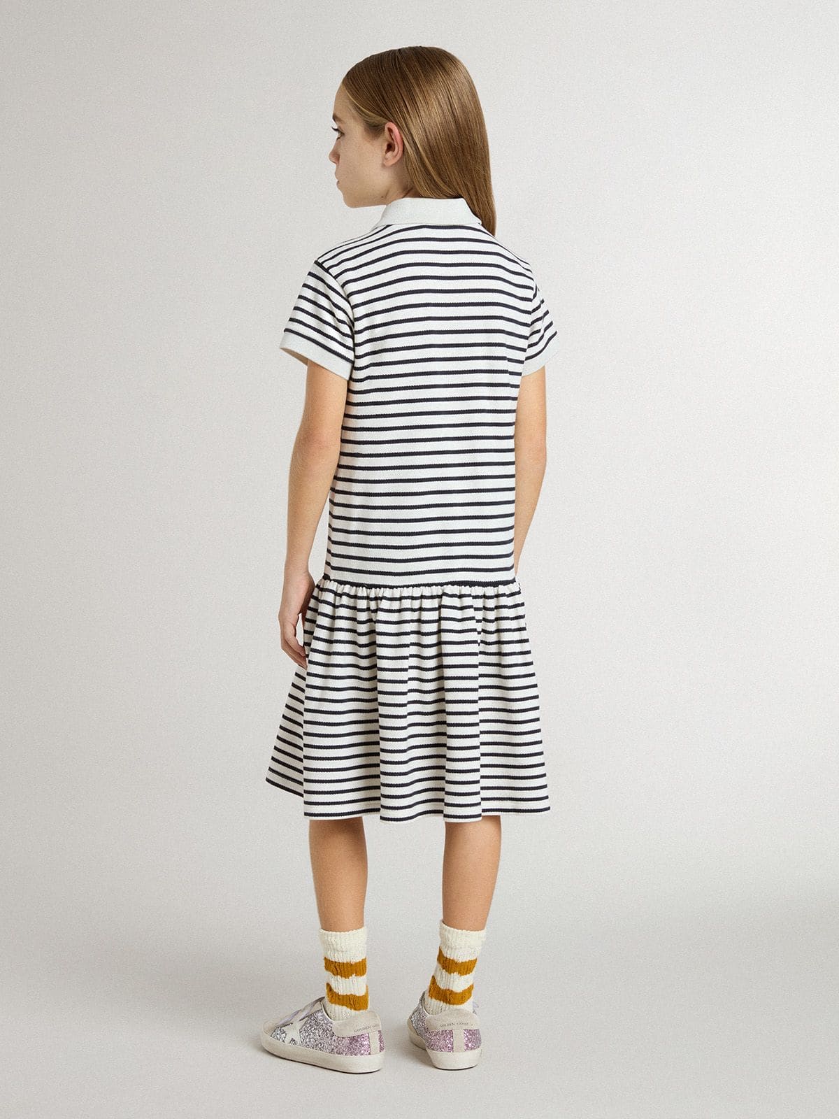 Girls' midi dress in striped cotton blend with embroidery - Golden Goose Kids
