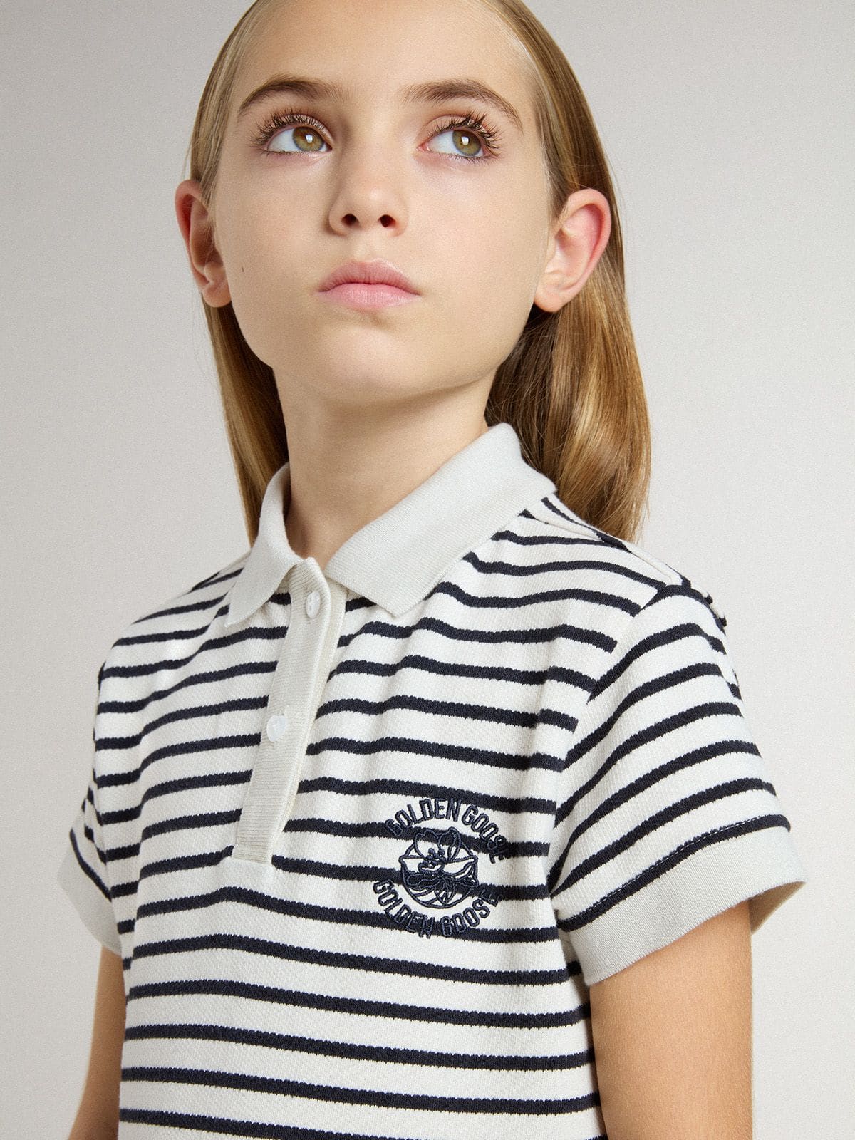 Girls' midi dress in striped cotton blend with embroidery - Golden Goose Kids