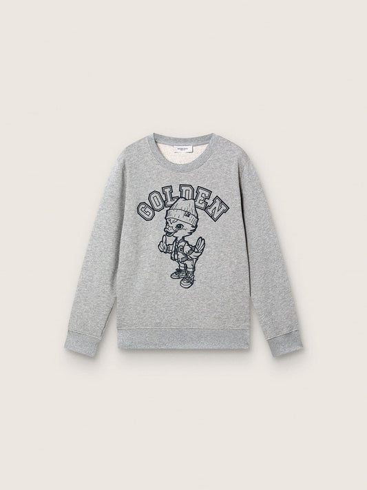 Journey crew neck sweatshirt for boys in gray melange cotton with mascot print - Golden Goose Kids