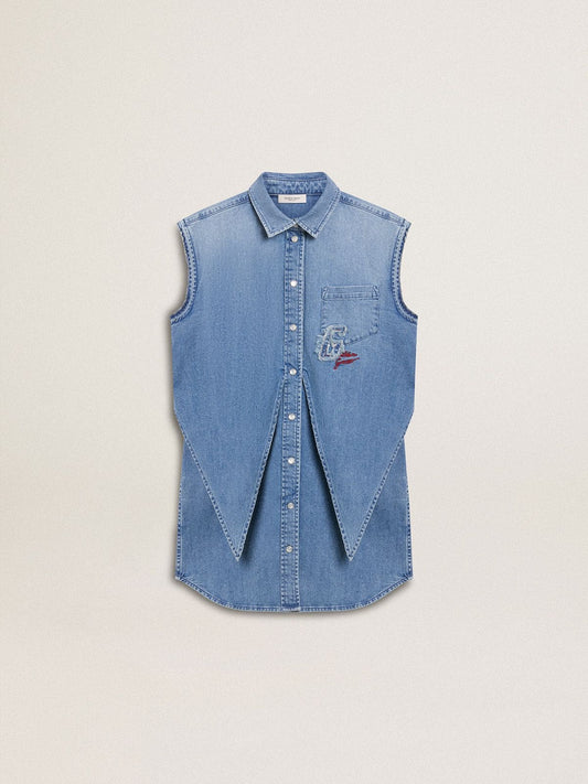 Girls' denim dress with front knot and embroidery - Golden Goose Kids