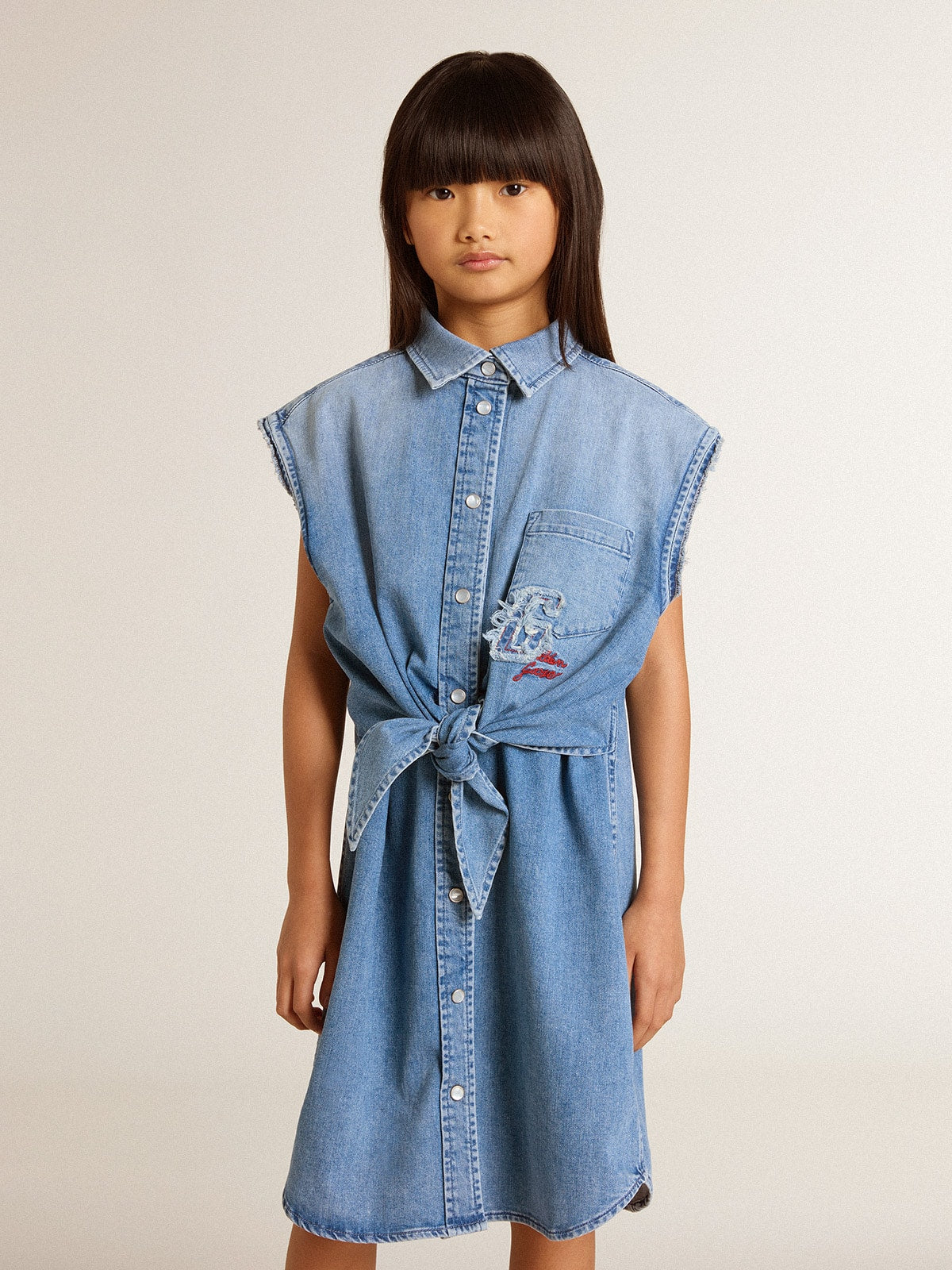 Girls' denim dress with front knot and embroidery - Golden Goose Kids