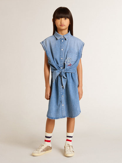 Girls' denim dress with front knot and embroidery - Golden Goose Kids