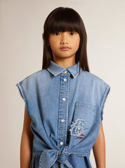 Girls' denim dress with front knot and embroidery - Golden Goose Kids