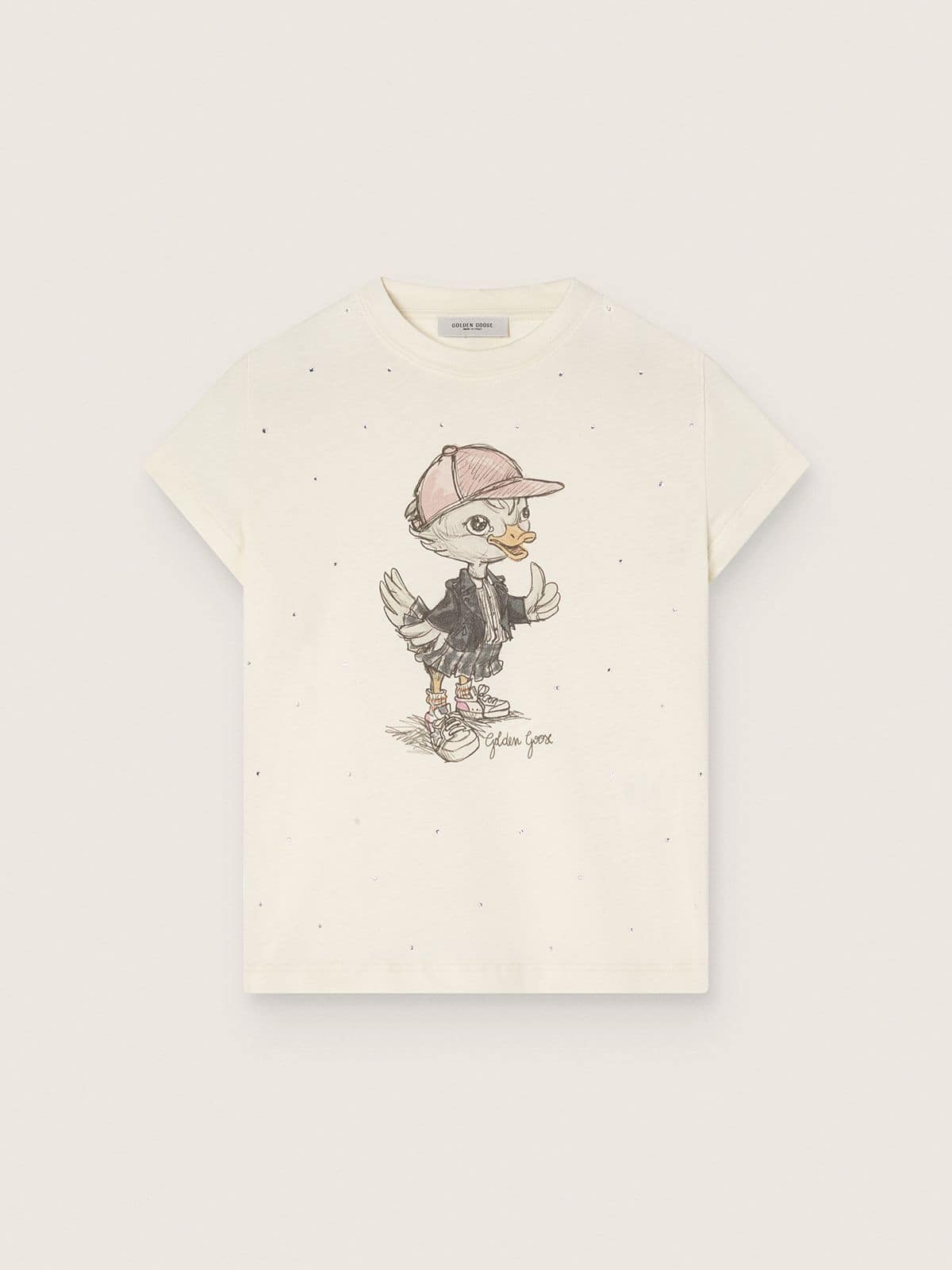 Journey T-shirt for girls in white cotton jersey with digital mascot print and crystal appliqués - Golden Goose Kids