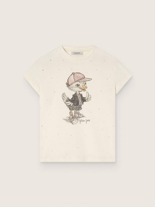 Journey T-shirt for girls in white cotton jersey with digital mascot print and crystal appliqués - Golden Goose Kids