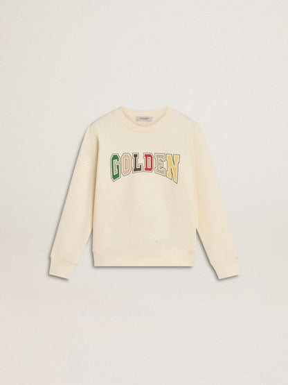 Sweatshirt in aged white with multicolor Golden lettering on the front - Golden Goose Kids