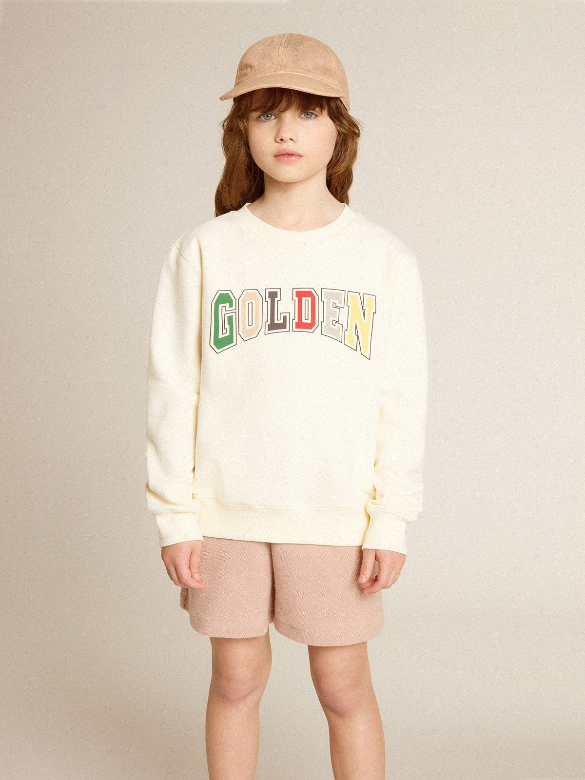 Sweatshirt in aged white with multicolor Golden lettering on the front - Golden Goose Kids