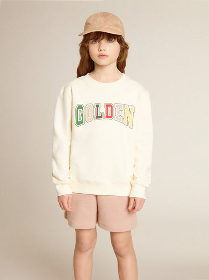 Sweatshirt in aged white with multicolor Golden lettering on the front - Golden Goose Kids