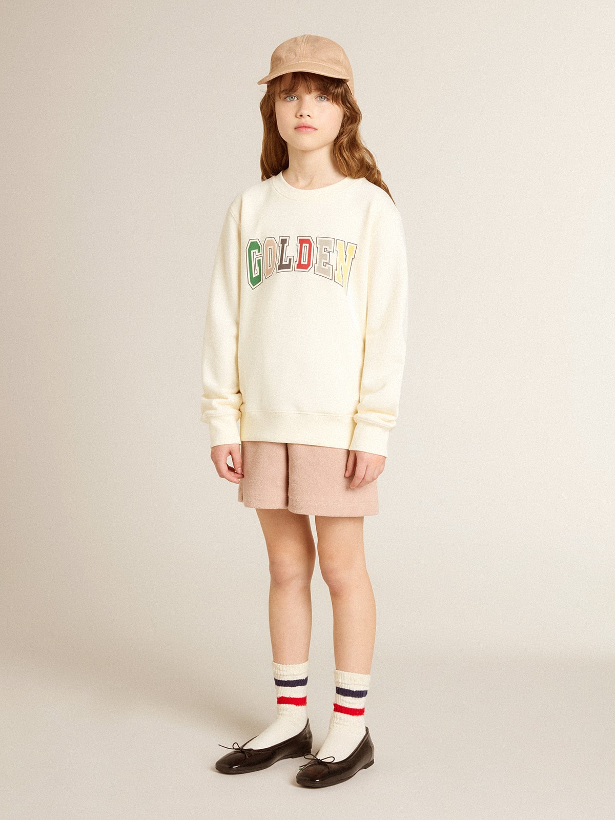 Sweatshirt in aged white with multicolor Golden lettering on the front - Golden Goose Kids