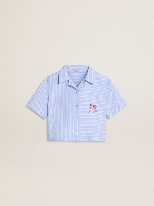 Girls' cropped shirt in striped light blue cotton - Golden Goose Kids