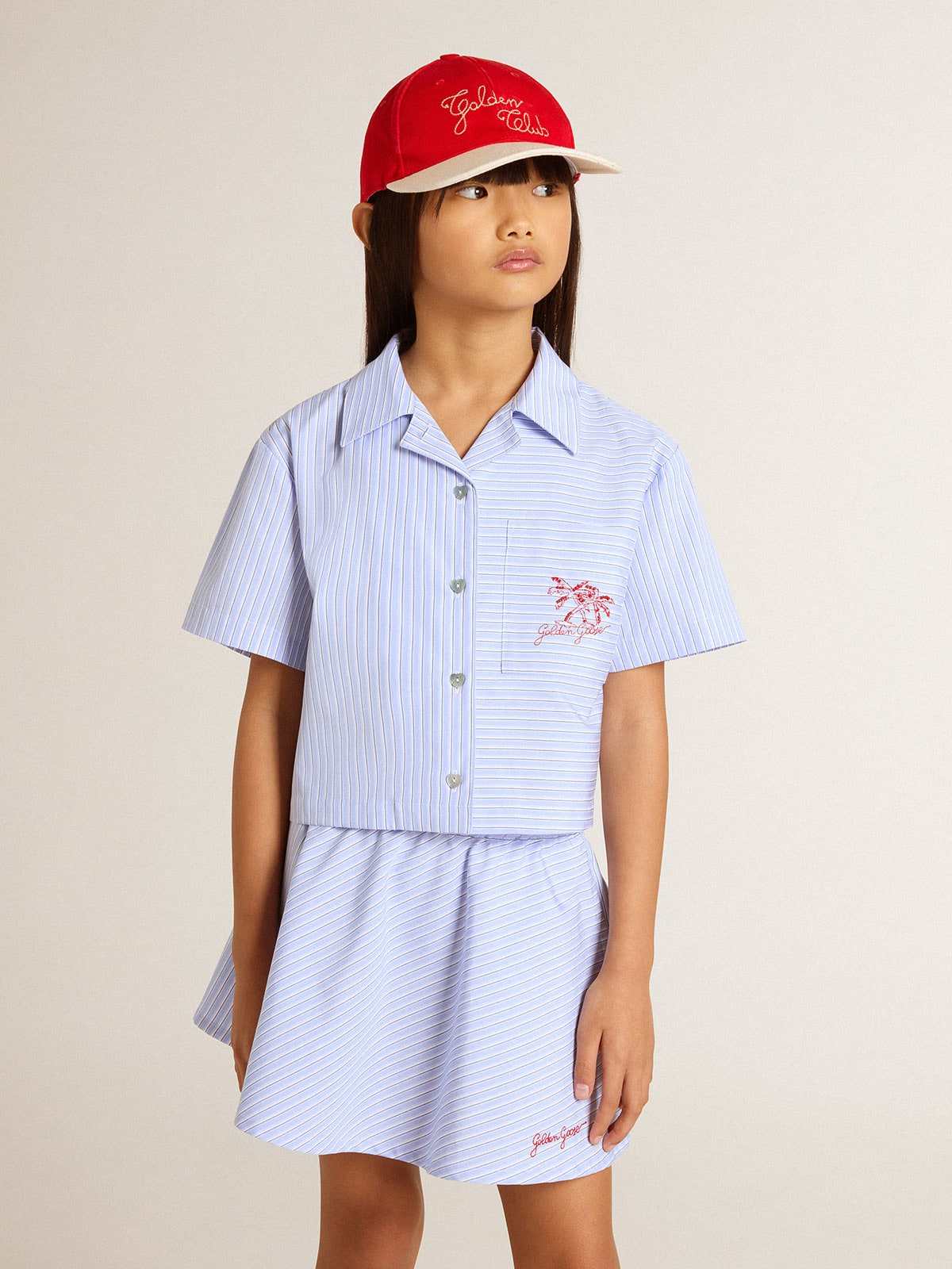 Girls' cropped shirt in striped light blue cotton - Golden Goose Kids