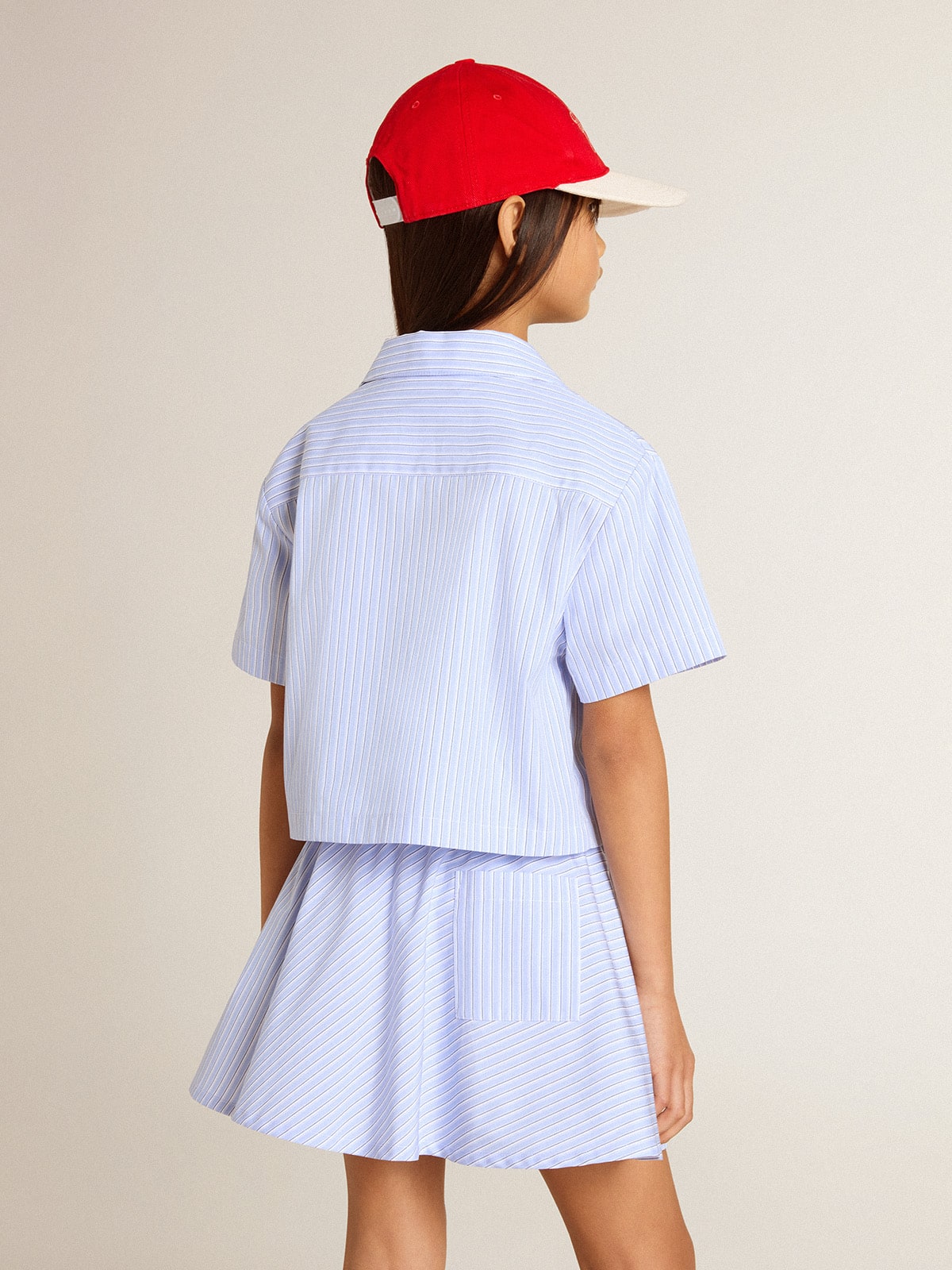 Girls' cropped shirt in striped light blue cotton - Golden Goose Kids