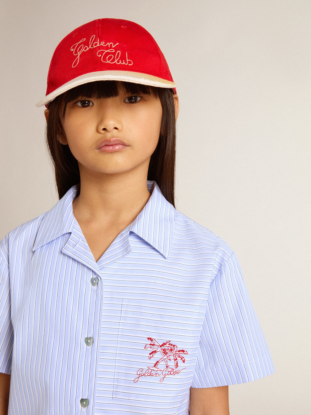 Girls' cropped shirt in striped light blue cotton - Golden Goose Kids