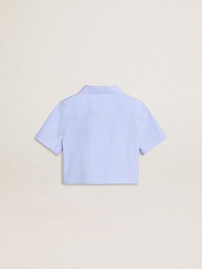 Girls' cropped shirt in striped light blue cotton - Golden Goose Kids