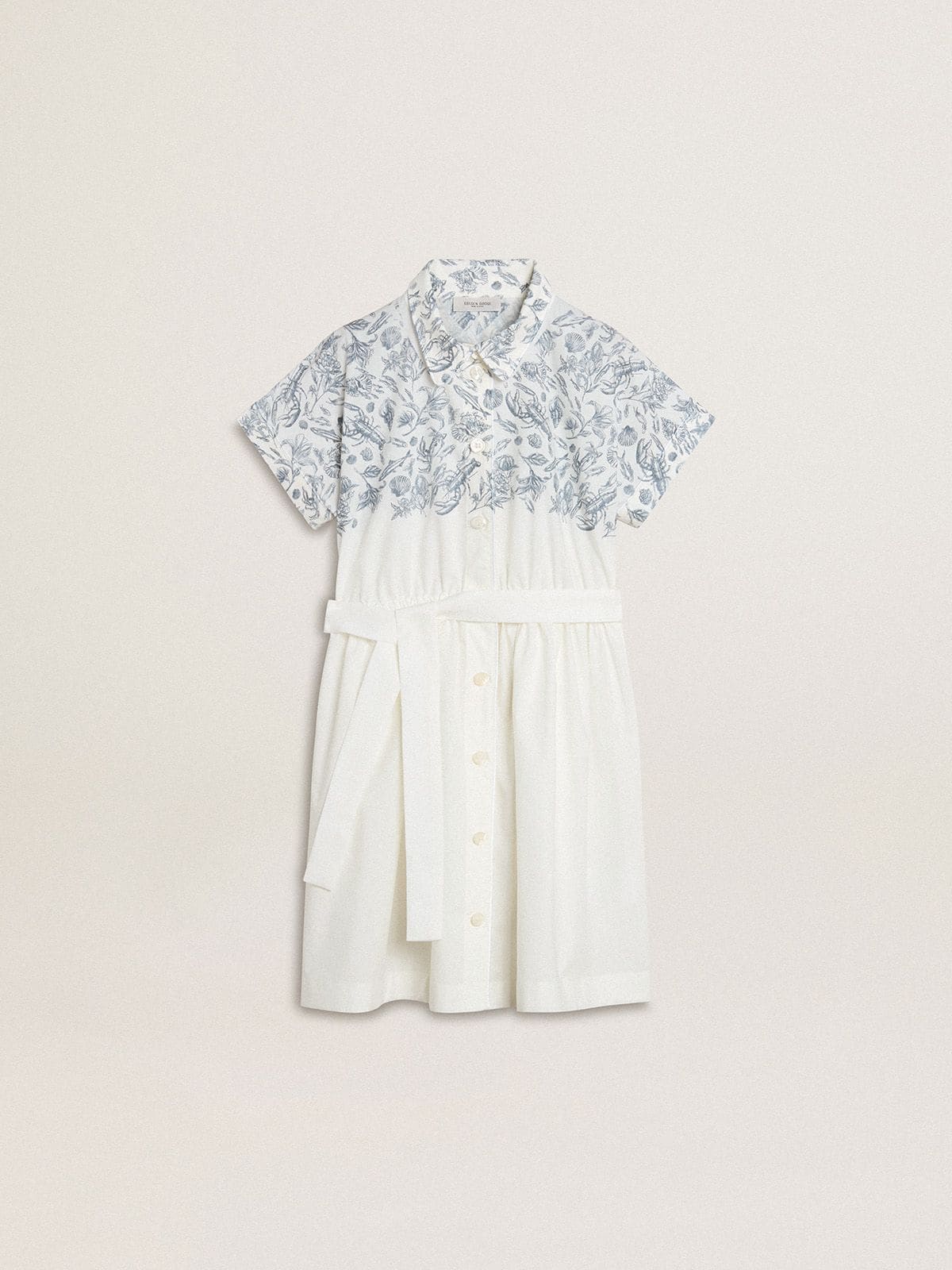 Girls’ shirt dress in white cotton canvas with a blue nautical print and white piping - Golden Goose Kids
