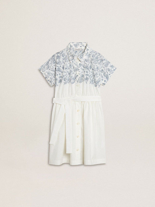 Girls’ shirt dress in white cotton canvas with a blue nautical print and white piping - Golden Goose Kids