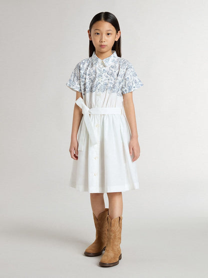Girls’ shirt dress in white cotton canvas with a blue nautical print and white piping - Golden Goose Kids