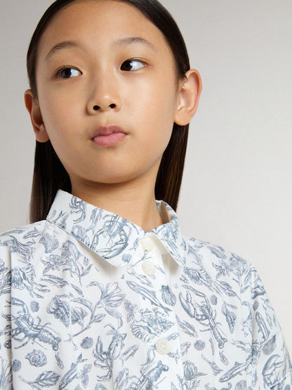Girls’ shirt dress in white cotton canvas with a blue nautical print and white piping - Golden Goose Kids