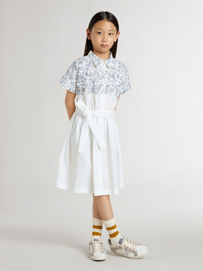 Girls’ shirt dress in white cotton canvas with a blue nautical print and white piping - Golden Goose Kids