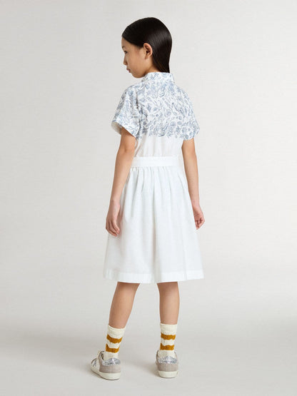 Girls’ shirt dress in white cotton canvas with a blue nautical print and white piping - Golden Goose Kids