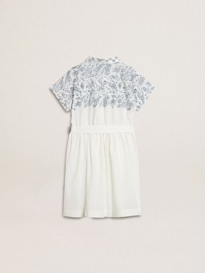 Girls’ shirt dress in white cotton canvas with a blue nautical print and white piping - Golden Goose Kids