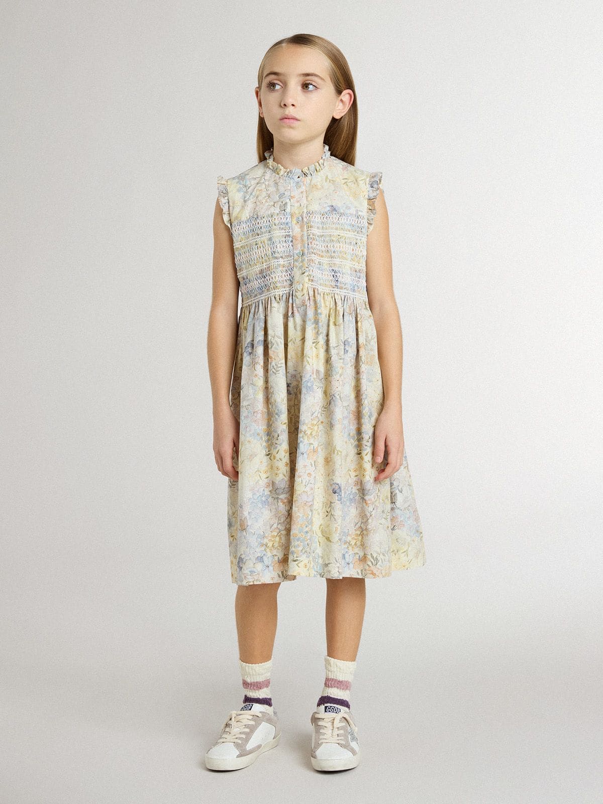 Girls' cotton midi dress with multicolor floral print - Golden Goose Kids