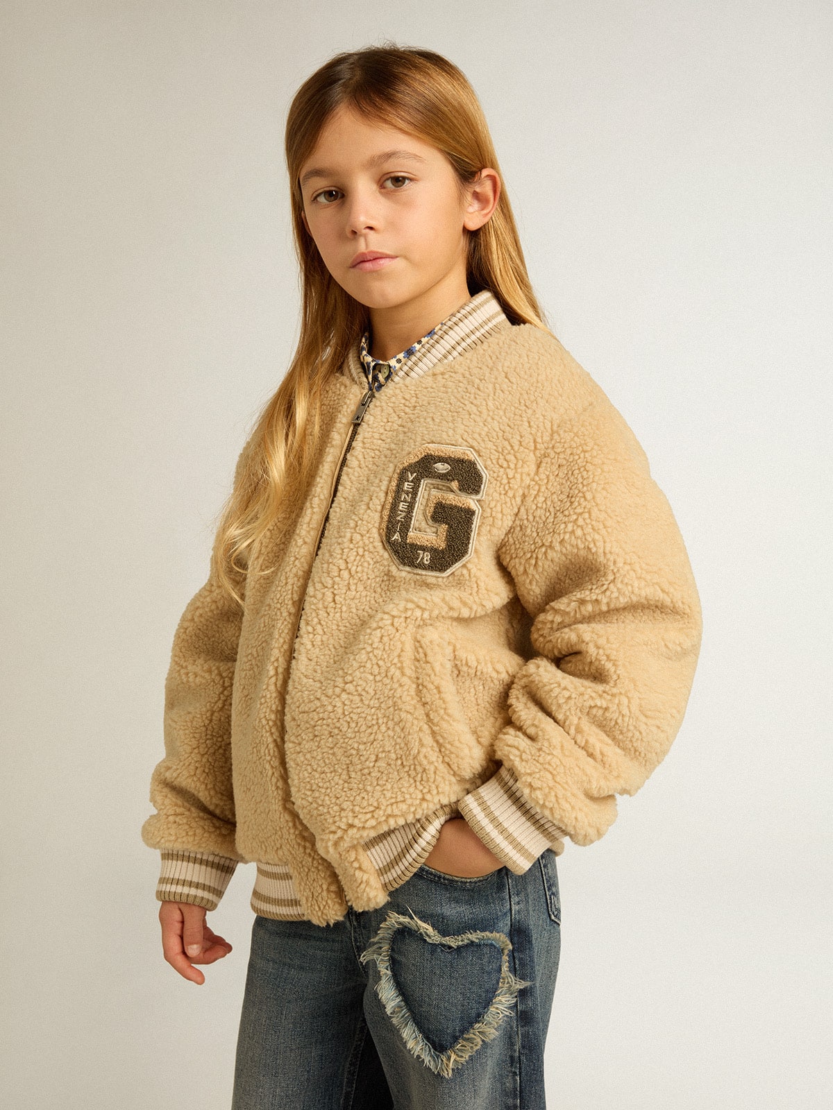 Kids beige fleece bomber jacket - Golden Goose Kids