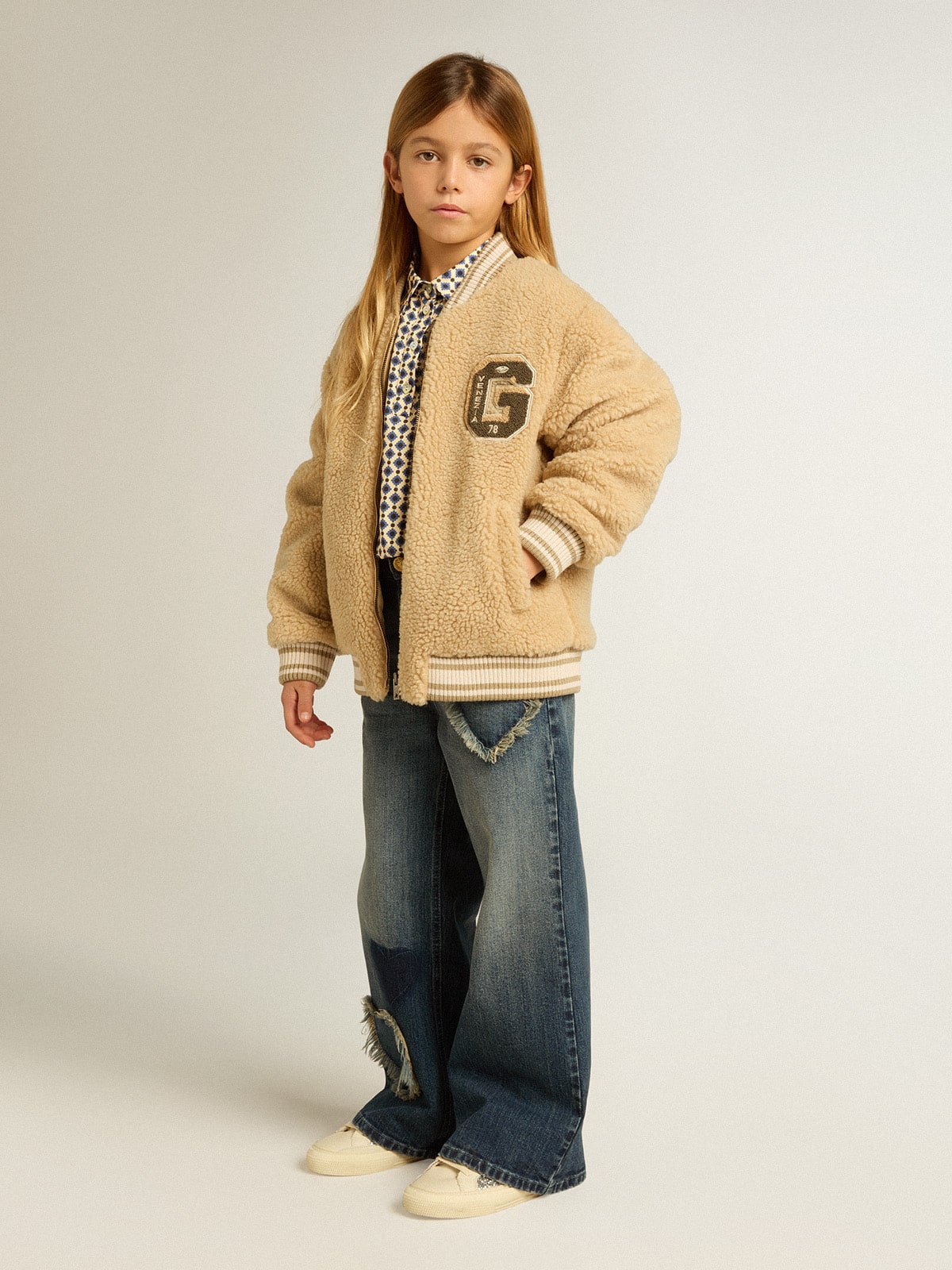 Kids beige fleece bomber jacket - Golden Goose Kids