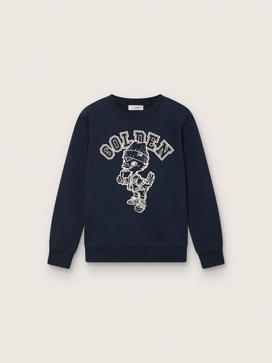 Journey crew neck sweatshirt for boys in navy blue cotton with mascot print - Golden Goose Kids