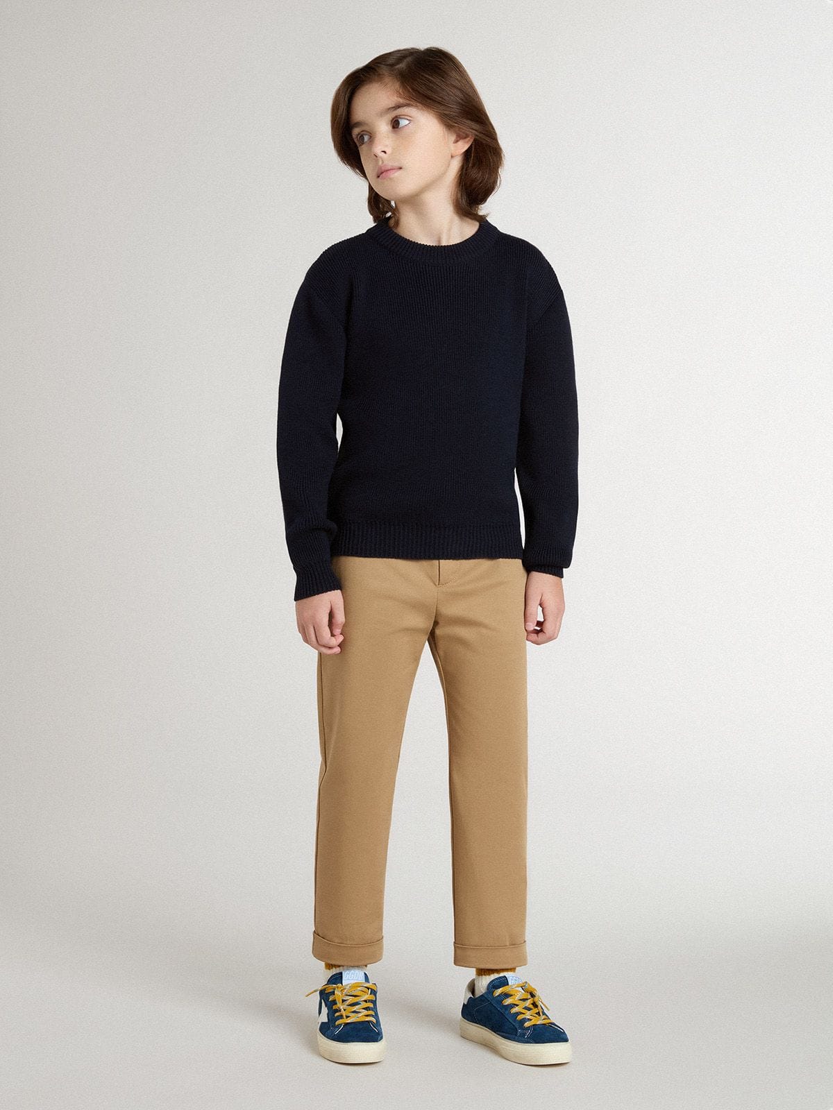 Boys’ blue crew-neck sweater with 'Golden' lettering on the back - Golden Goose Kids