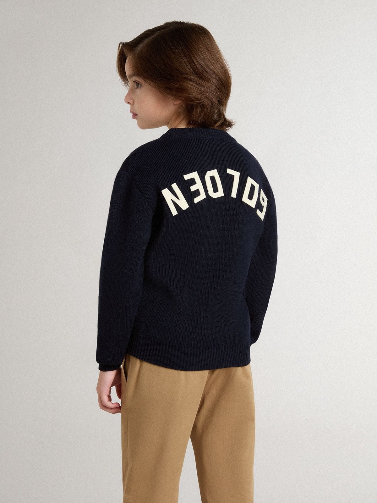 Boys’ blue crew-neck sweater with 'Golden' lettering on the back - Golden Goose Kids