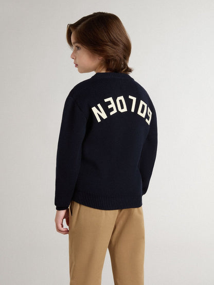 Boys’ blue crew-neck sweater with 'Golden' lettering on the back - Golden Goose Kids