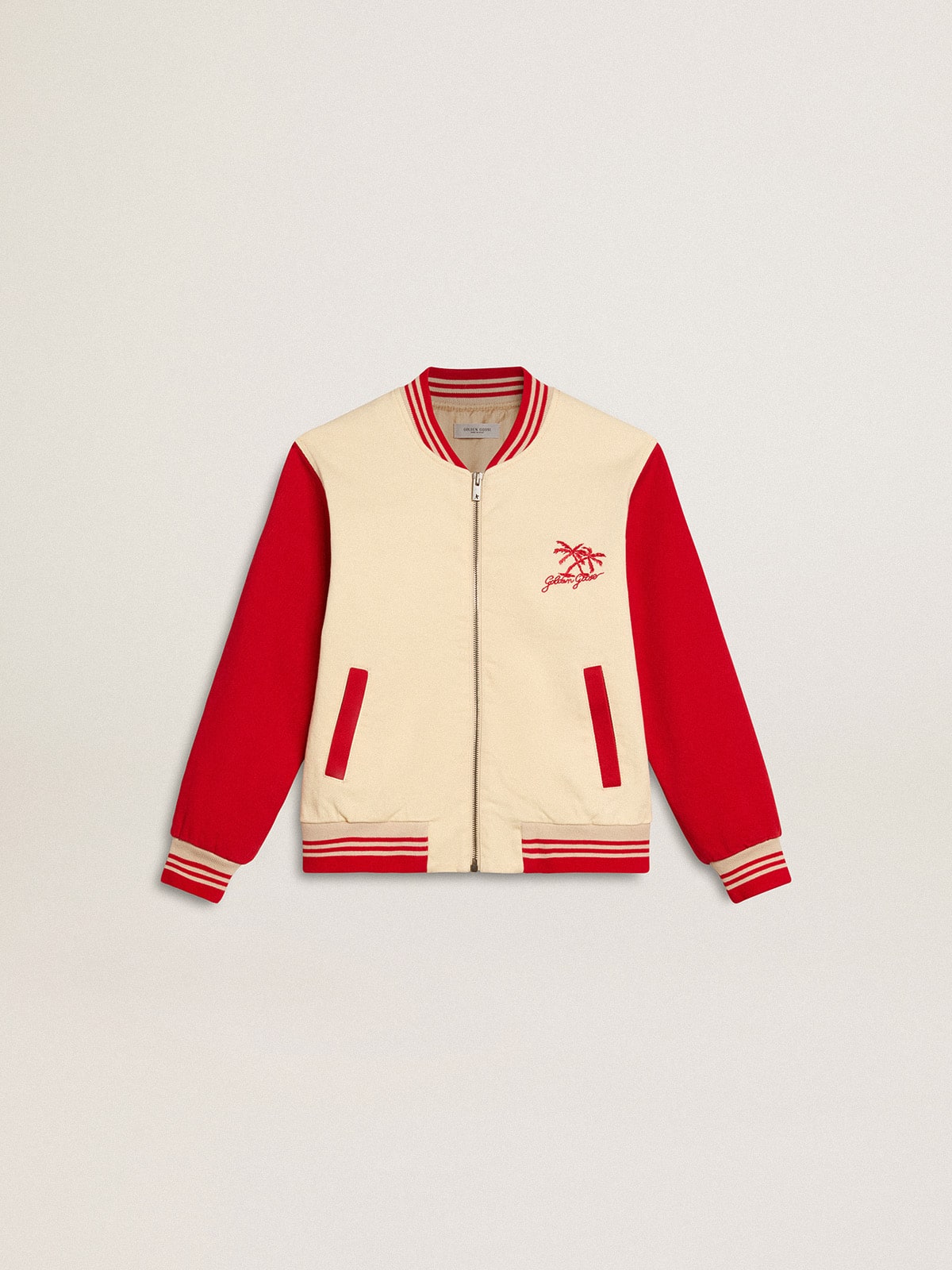 Kids' bomber jacket in beige and red cotton with embroidery on the chest - Golden Goose Kids
