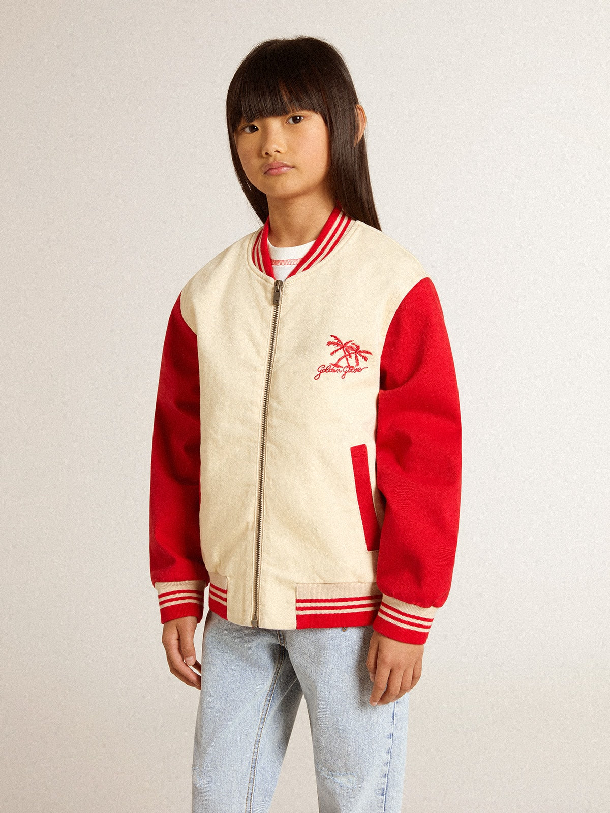 Kids' bomber jacket in beige and red cotton with embroidery on the chest - Golden Goose Kids